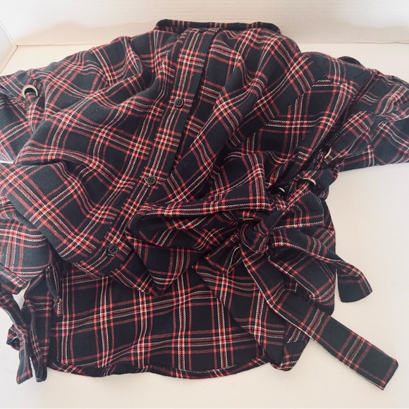 Simisue Women's Red Blue Plaid Button Up Laced Ties at Sides Medium Runs Larger - Picture 15 of 16